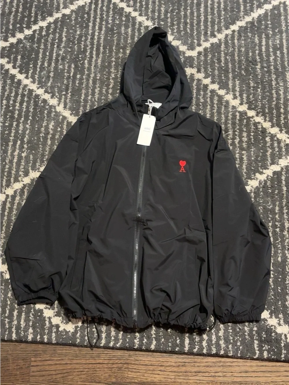 Black Hooded Alexandre mattiussi (Ami) Windbreaker Jacket with Red Heart Logo